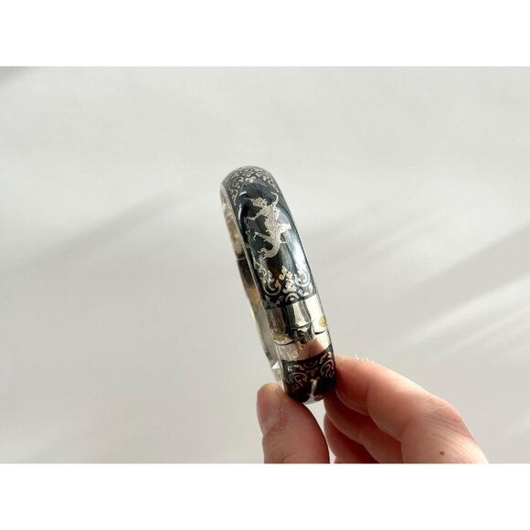 Siam Sterling Silver 925 Hand Carved Hinged Enclosure Vintage Bangle Bracelet - Picture 12 of 16